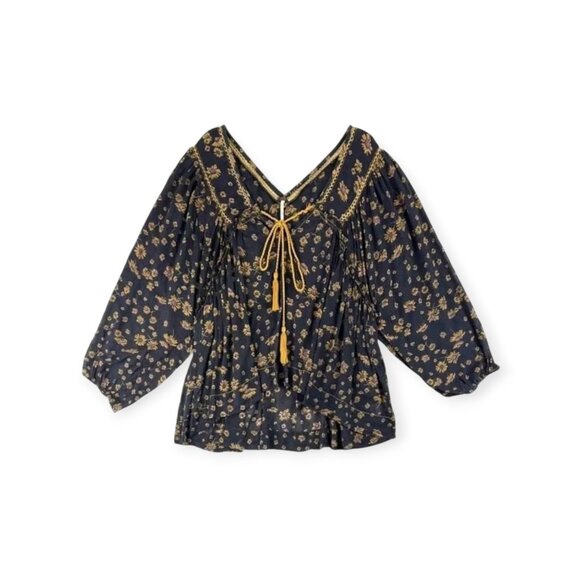 Free People Black Gold Sunflower Pattern Never a Dull Moment Peasant Blouse S - Picture 12 of 12